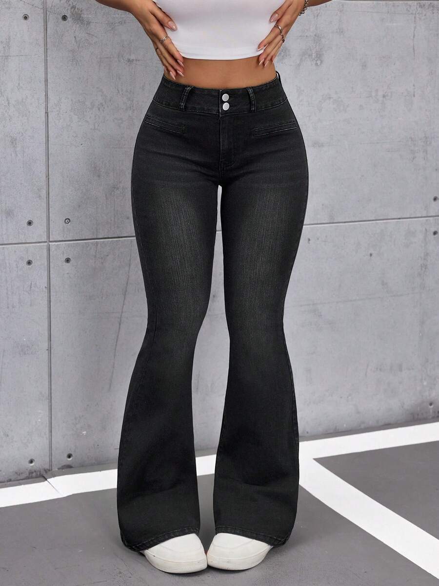 SHEIN ICON 黑色弹力修身休闲喇叭牛仔裤，女士款，四季皆宜 - 黑色 - 查看 1