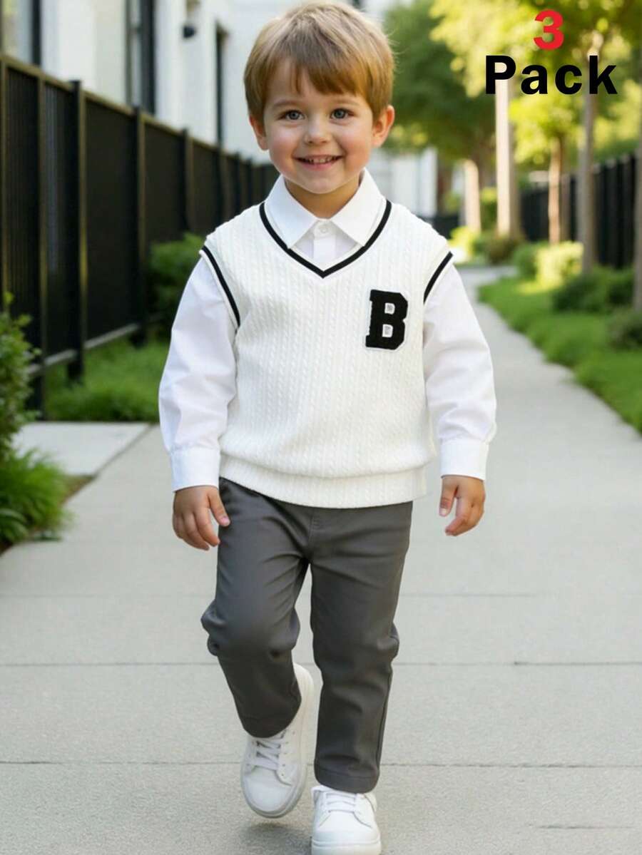 3件套男童可爱白色上衣和松紧腰裤套装，适合生日派对、晚宴、演出、婚礼、庆典等场合。 - 白色 - 查看 1