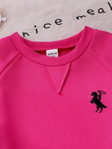 SHEIN Genkimix Kids 2 件套女孩少女玫瑰红色插肩袖纯色运动衫套装和裤子套装，针织休闲圆领套装 - 玫紅色 - 查看 6