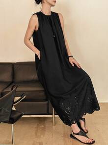 DAZY Đầm nữ thời trang thường ngày không tay viền lượn sóng, kiểu dáng mùa hè. - màu đen - Xem 9