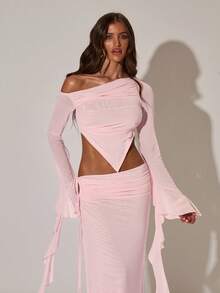 SHEIN BAE Women's Sexy Ruched Mesh Backless Ruffle Sleeve Blouse, Vacation Mesh Top, Suitable For Beach, Holiday Wear, Pink Mesh Backless Blouse - Baby Pink - View 5