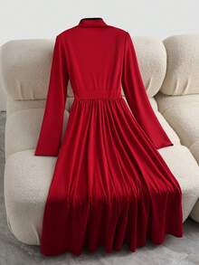 Franclia Women's Burgundy & Black Chinese Knot Button Hollow Front Design Casual Everyday Commute Outing Afternoon Tea Date Vacation Spring Festival Long Sleeve Mid-Length Dress Red Dress Collar Dress Mandarin Collar Dress Traditional Dress Long Sleeve Dress Chinese Style Dress Cheongsam Dress Maroon Dress