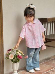 女童休闲舒适条纹领开襟宽松短袖镂空后背梭织衬衫