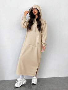SHEIN EZwear Áo nỉ dài tay có mũ, xẻ tà bên hông, chất liệu kaki, kiểu dáng thường ngày, thích hợp cho mùa thu. - Màu Khaki - Xem 6