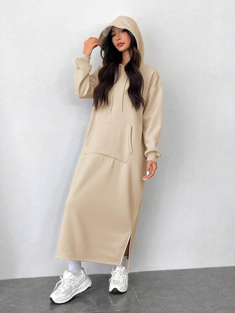 SHEIN EZwear 休闲卡其色针织侧开衩连帽长款卫衣，秋季 - 卡其色 - 查看 6
