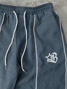 PAVTROS 男士休闲时尚街头字母星形印花撞色滚边拉链外套和抽绳腰长裤套装，春秋季 - 霧霾藍 - 查看 4