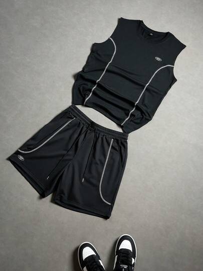Aesthetic Post Men's Casual Daily Commute Fashion Street Letter Print Contrast Stitch Tank Top And Drawstring Waist Shorts Set, Summer