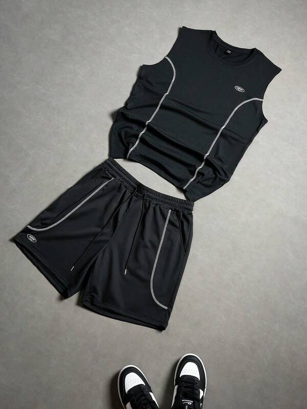 Aesthetic Post Men's Casual Daily Commute Fashion Street Letter Print Contrast Stitch Tank Top And Drawstring Waist Shorts Set, Summer
