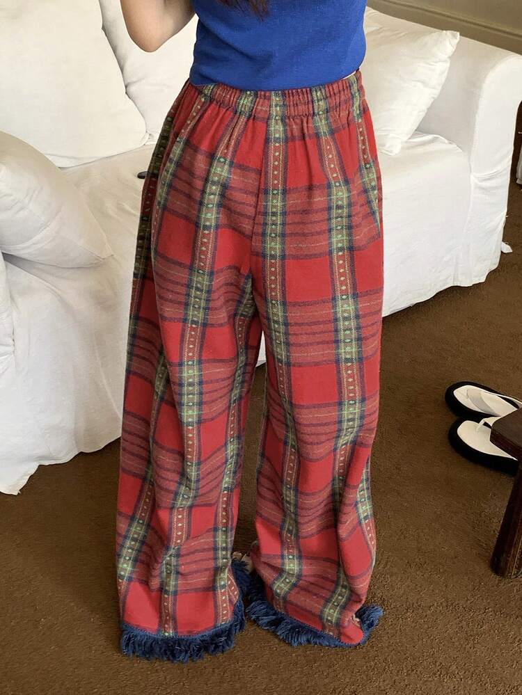 Plaid Polka Dot Fringe Hem Loose Women Pajama Bottoms