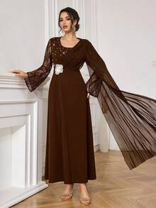 Modelyn Đầm dự tiệc ôm eo thanh lịch, đính họa tiết dành cho phụ nữ - Cà phê - Xem 4