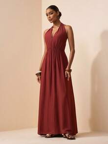 Zivah Spring 2025 New Arrivals Easter Birthday Parties Dates Everyday Outings Basic Versatile Casual Vacation Cruise Travel Beach Hits Street Style Bohemian Chic Commuter Wear Commute Leisure Refined Elegance Street Commuter Pleated Backless Ribbon Detail V-Neck Sleeveless With Waist Gathering Back Neck Halter Ribbon Elastic Waistband A-Line Dress Halter Neck Dresses For Women Burgundy Dress Elegant Women Long Dress Summer Long Dress Casual - Brown - View 4