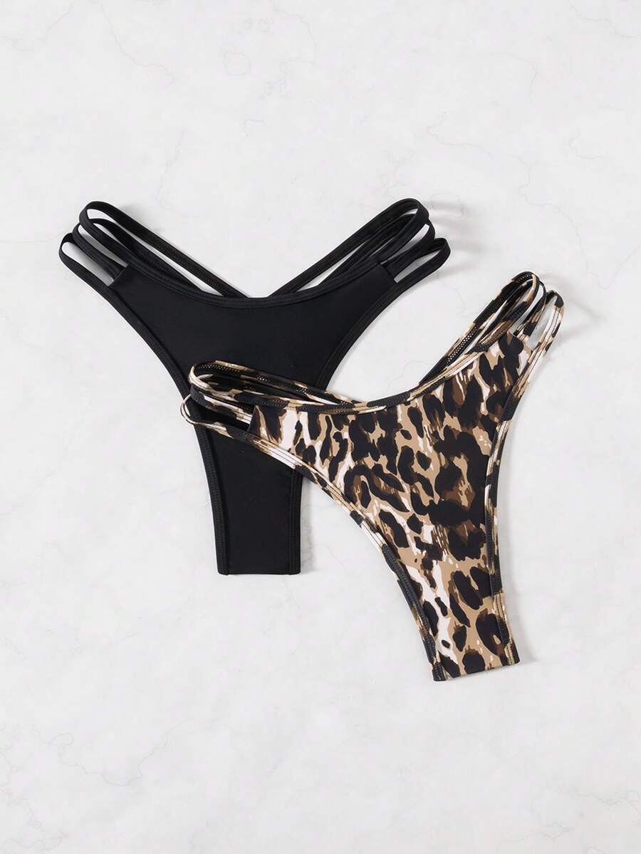 SHEIN Swim 女士夏季沙滩泳裤套装(2件装),1件纯色,1件随机豹纹性感丁字比基尼泳裤 - 彩色 - 查看 1