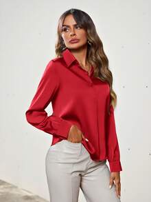 Aveloria Modichic Solid Color Button Down Long Sleeve Shirt Holiday Party Clothes Button Up Shirt Women  - Red - View 4