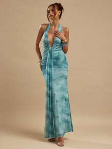 SHEIN BAE Deep V-Neck Fitted Mesh Blue Floral Print Maxi Dress, Elegant Beach Holiday Dress, Backless Long Dress, Spring/Summer, Bohemian Clothes, Bodycon Dress - Blue - View 1