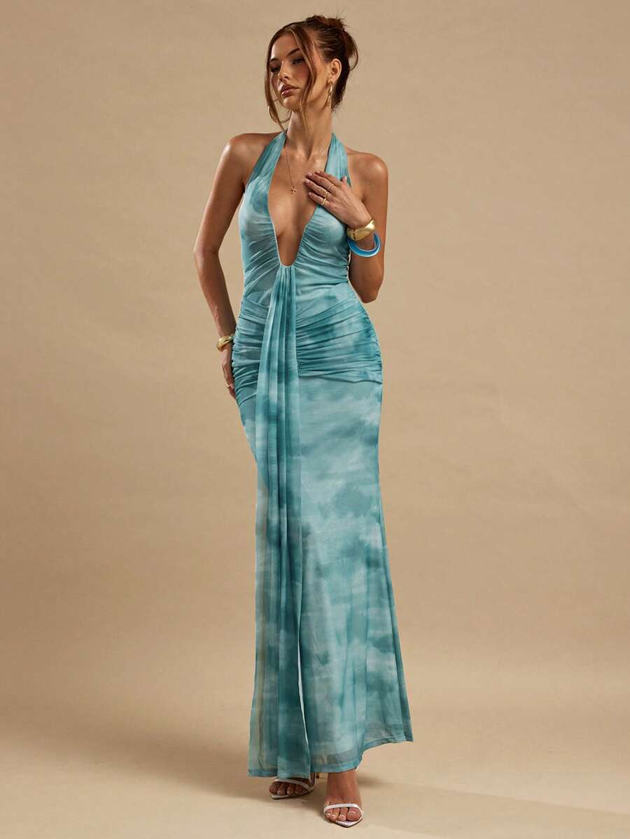 SHEIN BAE Deep V-Neck Fitted Mesh Blue Floral Print Maxi Dress, Elegant Beach Holiday Dress, Backless Long Dress, Spring/Summer, Bohemian Clothes, Bodycon Dress - Blue - View 1