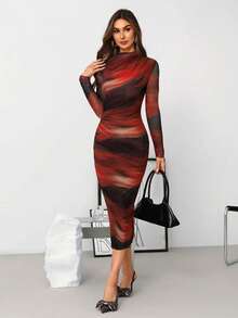 Ellevyn Women's Pleated Printed Mesh Knit Dress - Burgundy - View 4