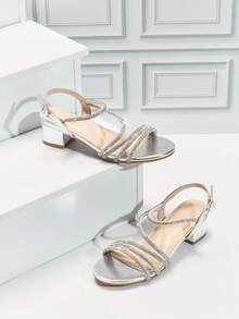 Mini mi 女童银色水钻装饰露趾粗跟派对凉鞋 - 公主舞会及派对高跟鞋 - 銀色 - 查看 4