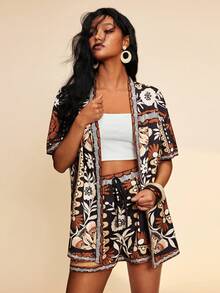 Travachic Bộ đồ nữ đi nghỉ mát, gồm áo kimono tay ngắn và quần short, kiểu dáng thường ngày. - Nhiều màu - Xem 6