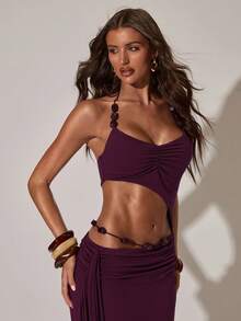SHEIN BAE Đầm nữ gợi cảm khoét lỗ, đính cườm, kiểu cổ yếm, thích hợp đi biển, đi nghỉ mát, hẹn hò, đi chơi, dự tiệc. - Màu đỏ tím - Xem 6
