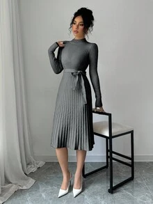 Selianne 纯色简约褶皱领优雅长袖毛衣连衣裙 - 灰色 - 查看 3