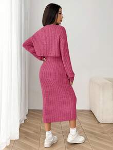 SHEIN EZwear Bộ đồ nữ mùa thu mới gồm áo khoác dệt kim gân, tay rớt, cài cúc phía trước và váy ôm sát dài đến đầu gối. - Màu Hồng Tươi - Xem 2