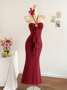 Soleia 女士度假蓝色针织网纱浪漫修身露背系带金属扣装饰鱼尾连衣裙，适合派对、圣诞节、约会、夜店、波西米亚风、度假、秋季等场合。 - 酒紅色 - 查看 6