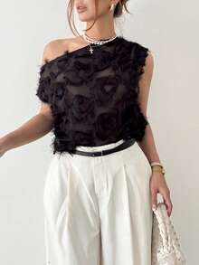 Rafferiza 女士不对称肩部无袖时尚上衣，提花面料衬衫，夏季上衣，夏季度假装，女士夏季服装，女士春季服装，嘉年华女士造型，女士沙滩装，女士优雅衬衫，女士休闲上衣，黑色上衣，黑色衬衫，女士度假装，夏季度假装，女士沙滩度假装，女士度假装，日常通勤，浪漫约会，新年假期时尚休闲通勤装，商务办公装，百搭时尚日常休闲装，都市教师职业装 - 黑色 - 查看 1