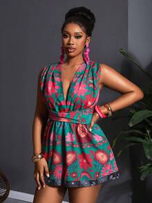 Veslaya 2026 早春新款加大码女装音乐节、复活节、西部风、游牧风、生日派对、度假、邮轮旅行印花无袖深V露背交叉连体裤 - 彩色 - 查看 7