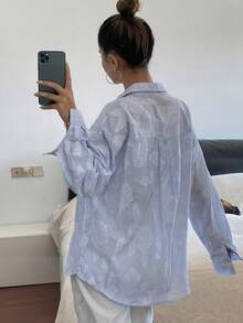 DAZY Loose Fit Striped Color Block Textured Floral Pleated Long Sleeve Casual Business Shirt For Women, Suitable For Autumn & Spring - Blue - View 3