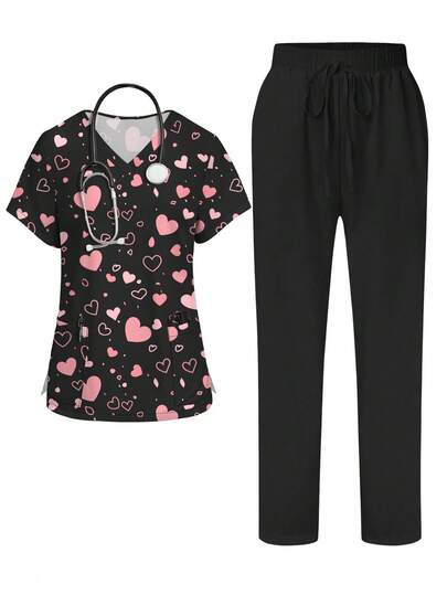 PopScrub Pink Heart Print V-Neck Short Sleeve Pocket Nurse Uniform Set, Fashion For Women Spring/Summer