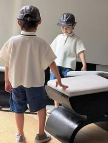 SHEIN Little Byeori 1件男童休闲舒适时尚百搭柔软宽松短袖polo衫，适合春、夏、秋季日常穿着、运动、郊游、上学、聚会、节日、拍照等场合。 - 白色 - 查看 4