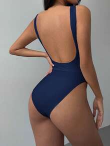 SHEIN BASICS Women's Casual Solid Color Backless Bodysuit Summer Clothes - Royal Blue - View 4
