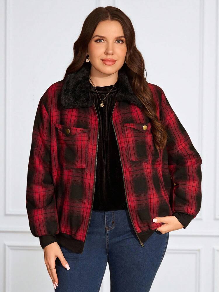Plus Size Red & Black Plaid Zip-Up Padded Coat Plaid Jackets For Women Women Winter Jacket Flannel Jacket Women,Winter,2025 New, Clothes For New Year