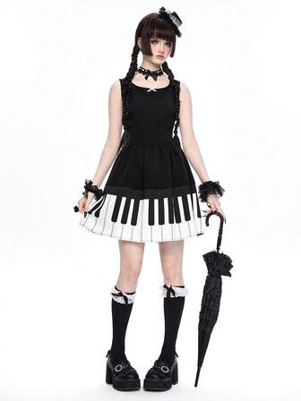 Gothic Doll Ruffle Piano Print Women Mini Dress