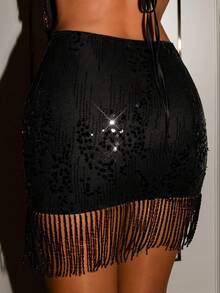 SHEIN Glamour Women's Fashionable Party Sequin Tassel Hem Mini Skirt - Black - View 2