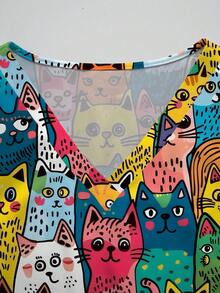 PopScrub Colorful Kitten Cartoon Print V-Neck Short Sleeve Women's /Nursing Uniform Top, Spring/Summer - Multicolor - View 3