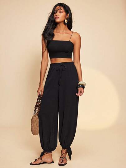 Travachic Women's Solid Color Woven Casual Pants, Spring/Summer,Vacation Casual Terno Outfit For Women,Summer Holiday Outfits,Spring Break Outfits,Party Outfit,Beach Outfit,Spring Clothing,Valentine's Day,Valentine Outfits For Women,Carnival Costume,Elegant,Floral,Carnival,Spring To Summer ,Party ,Summer  Pants,Valentine's Day  Pants,Wedding Guest  Pants For Women,Birthday  Pants,Party Pants,Elegant Pants For Women,Floral Pants,Summer Pants,Carnival Costume, Mexican Style  Pants Women Boho Pants For Women,