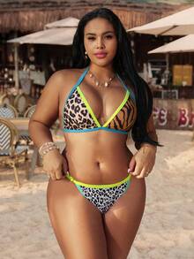 Swim Vcay Plus Size Women 3-Piece Swimsuit Set, Leopard Print Contrast Color Asymmetric Design, Summer Vacation - Multicolor - View 3