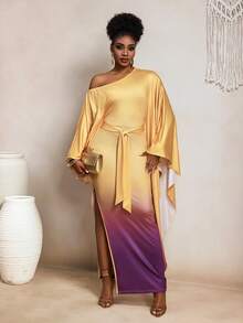SHEIN BamGlam Ladies' New Style, Off-Shoulder Asymmetrical Long Sleeves, Strap Tie With Gradient Print, Middle Eastern Robe, Festival Long Dress - Multicolor - View 5
