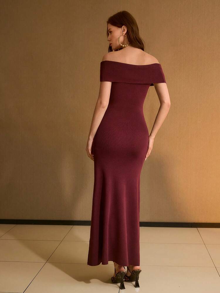 WOMEN'S ELASTIC KNIT FOLDOVER OFF SHOULDER MERMAID HEM FITTED LONG KNIT DRESS