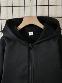 SHEIN Vacaura Tween Boy's Solid Color Thermal Lined Zip-Up Hoodie, Fall/Winter - Black - View 5