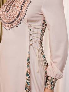 Al Najma Đầm dài tay cổ tròn kiểu Ả Rập phối màu tương phản dành cho nữ - Nhiều màu - Xem 5