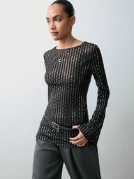 Maija Top minimalista de mujer con base negra, lunares plateados, cintura entallada y mangas acampanadas de cuello redondo, versátil para otoño/invierno, adecuado para vacaciones y reuniones urbanas