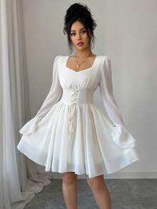 Modelyn Chân váy mini xòe tay bồng bằng chiffon thắt nơ cổ tim thời trang - Màu be - Xem 7