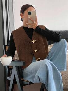 Siren Gaze Women's Casual, Work, Travel V-Neck Metallic Starfish Button Sweater Vest, Autumn/Winter - Brown - View 3