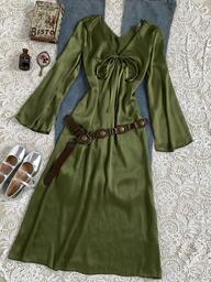 Rina Fox Women's Solid Color Twist V-Neck Long Sleeve Dress