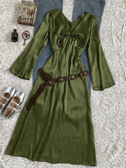 Rina Fox 女士纯色扭结V领长袖连衣裙