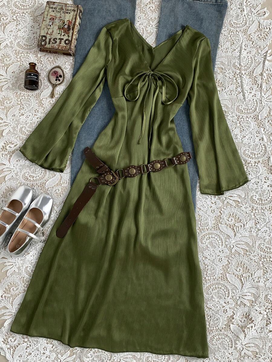 SHEIN 女士纯色扭结V领长袖连衣裙 - 墨綠色 - 查看 1