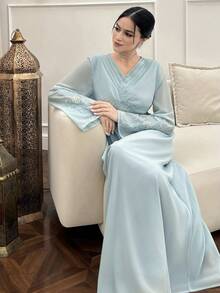 Yasmyna Conservative & Elegant 3D Floral Women Arabic Style Dress  Dusty Blue Dress Baby Blue Elegant Dress Butterfly Dress Light Blue Long Dress - Green - View 2