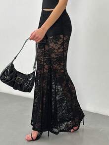 SHEIN Tall 夏季音乐节派对沙滩派对黑色纯色性感蕾丝喇叭裤，适合夏季、锐舞派对、音乐节等场合，西式女装，科切拉音乐节、波西米亚风 - 黑色 - 查看 7